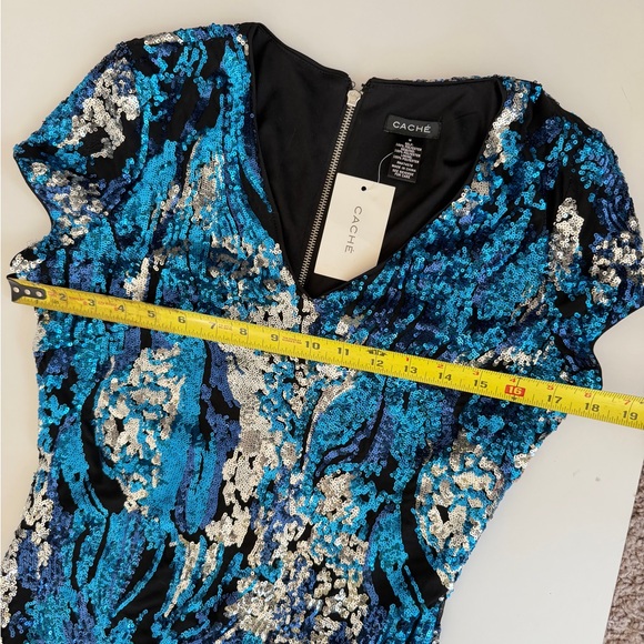 VTG CACHÉ Midi Dress Sequin Blue/Silver Zipped Closure Sz M Stunning Luxury - Picture 10 of 16